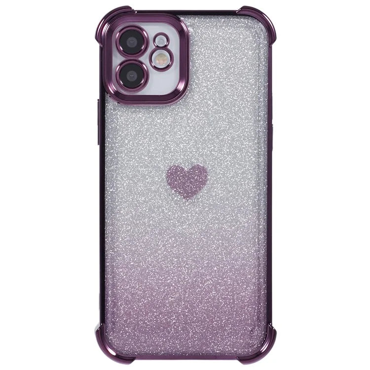For iPhone 12 Case Heart Pattern TPU Glitter Phone Cover Four Corners Air Cushion