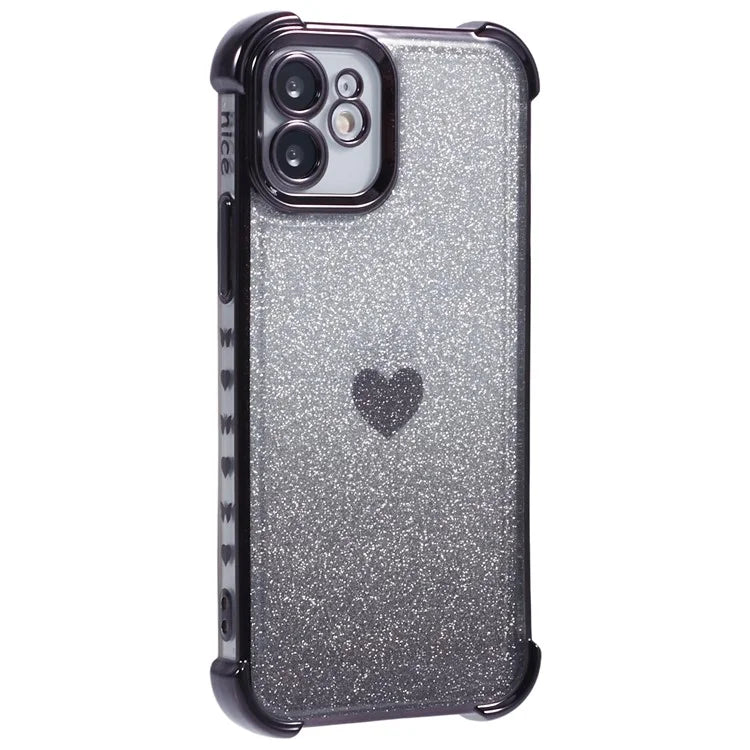 For iPhone 12 Case Heart Pattern TPU Glitter Phone Cover Four Corners Air Cushion