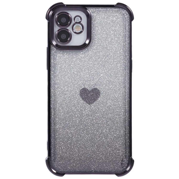 For iPhone 12 Case Heart Pattern TPU Glitter Phone Cover Four Corners Air Cushion