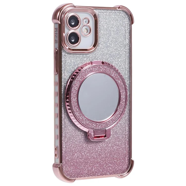 For iPhone 12 Case TPU Mirror Phone Cover Kickstand Glitter