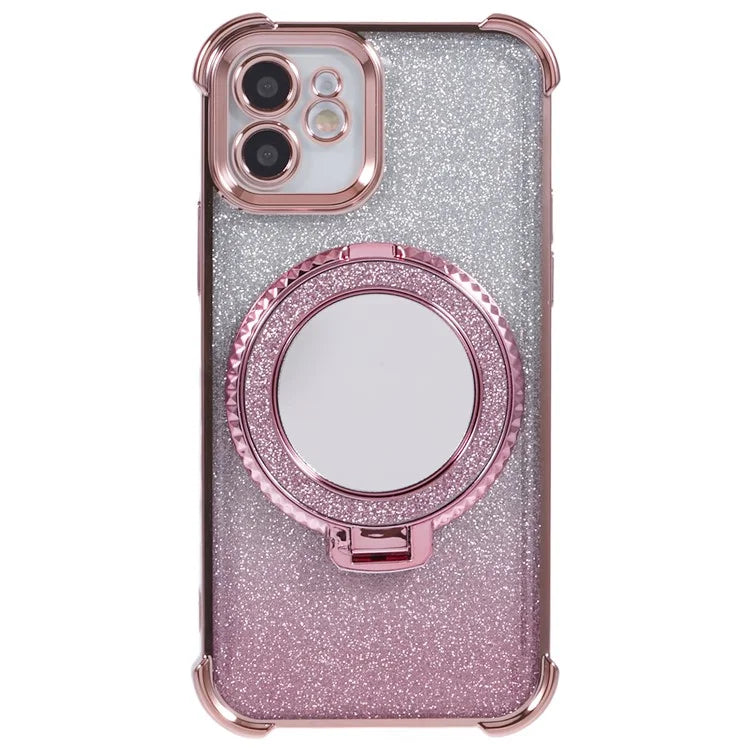 For iPhone 12 Case TPU Mirror Phone Cover Kickstand Glitter