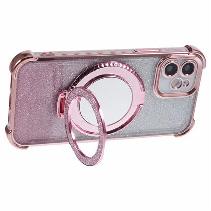 For iPhone 12 Case TPU Mirror Phone Cover Kickstand Glitter