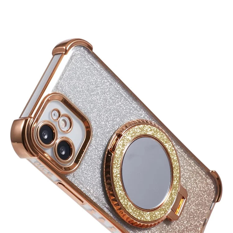 For iPhone 12 Case TPU Mirror Phone Cover Kickstand Glitter