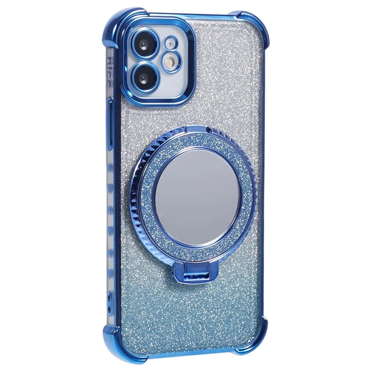For iPhone 12 Case TPU Mirror Phone Cover Kickstand Glitter