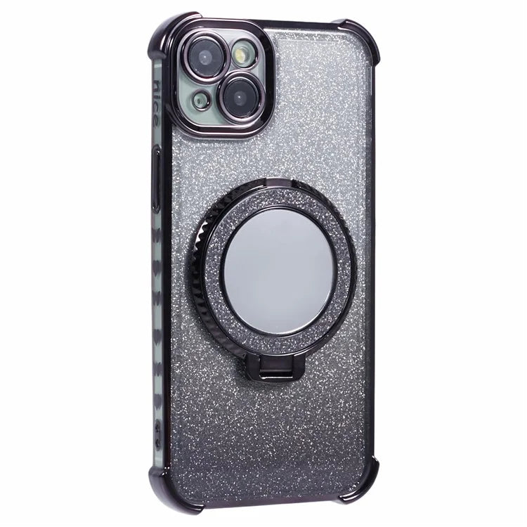 For iPhone 15 Plus Kickstand Case Glitter TPU Phone Cover with Mirror