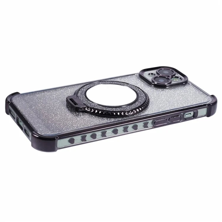 For iPhone 15 Plus Kickstand Case Glitter TPU Phone Cover with Mirror