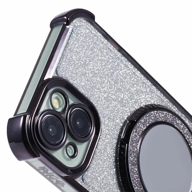 For iPhone 15 Plus Kickstand Case Glitter TPU Phone Cover with Mirror