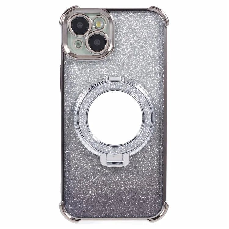 For iPhone 15 Plus Kickstand Case Glitter TPU Phone Cover with Mirror