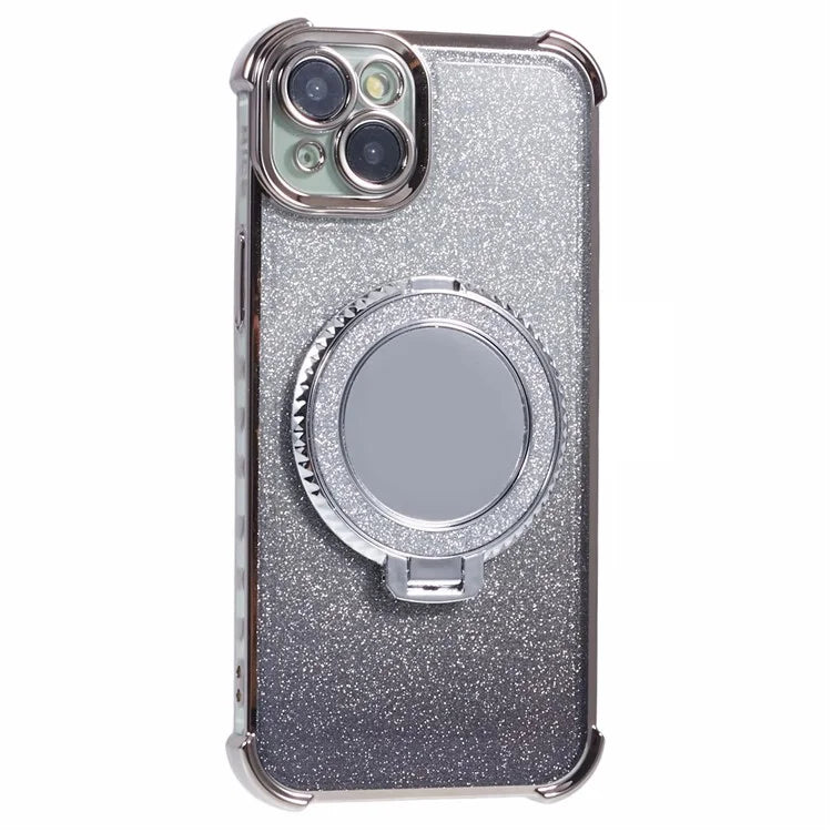 For iPhone 15 Plus Kickstand Case Glitter TPU Phone Cover with Mirror