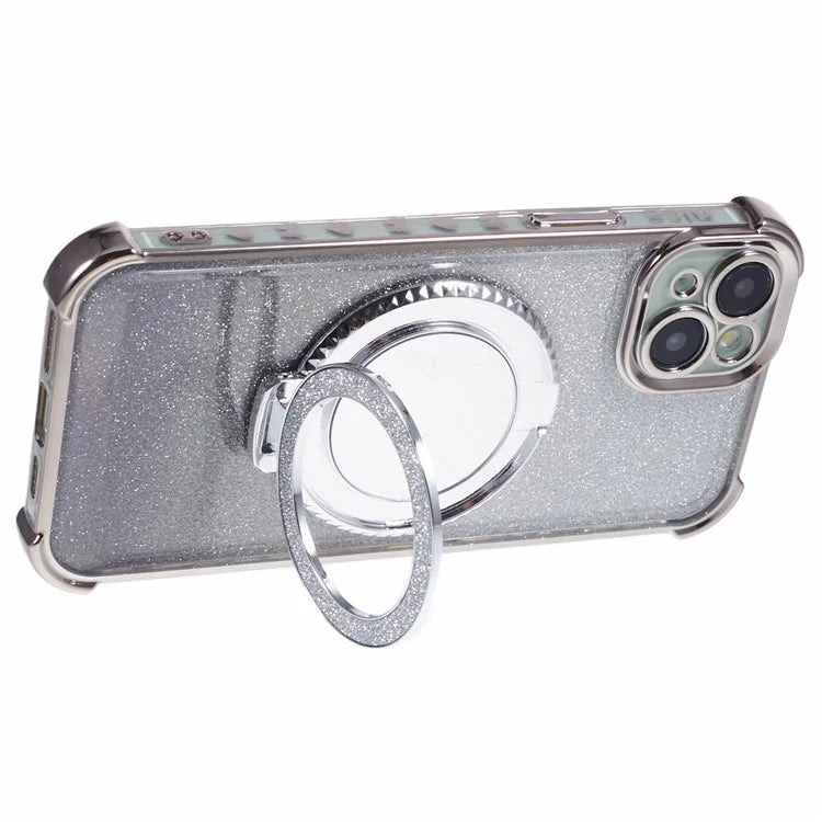 For iPhone 15 Plus Kickstand Case Glitter TPU Phone Cover with Mirror