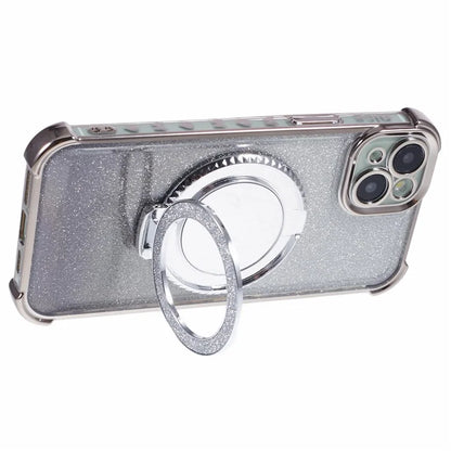 For iPhone 15 Plus Kickstand Case Glitter TPU Phone Cover with Mirror