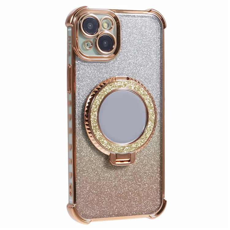 For iPhone 15 Plus Kickstand Case Glitter TPU Phone Cover with Mirror