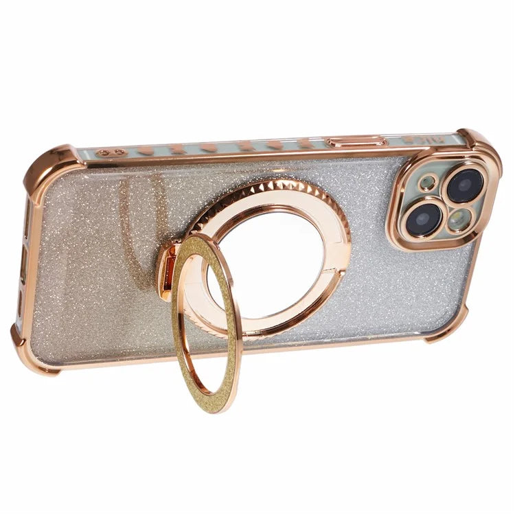 For iPhone 15 Plus Kickstand Case Glitter TPU Phone Cover with Mirror