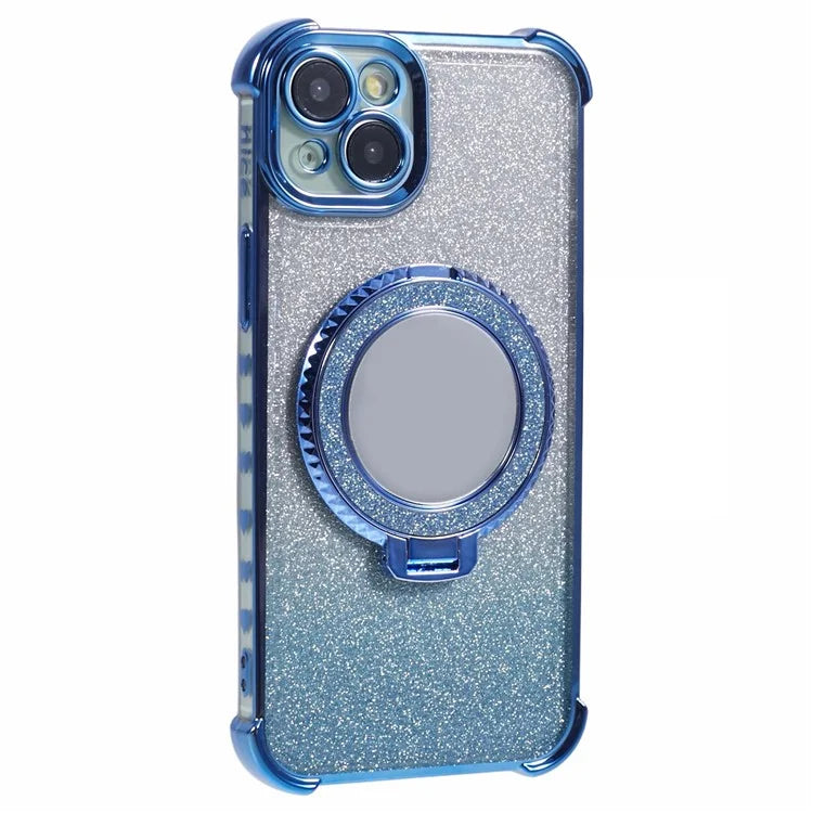 For iPhone 15 Plus Kickstand Case Glitter TPU Phone Cover with Mirror