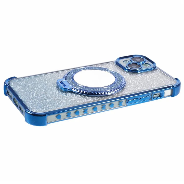 For iPhone 15 Plus Kickstand Case Glitter TPU Phone Cover with Mirror