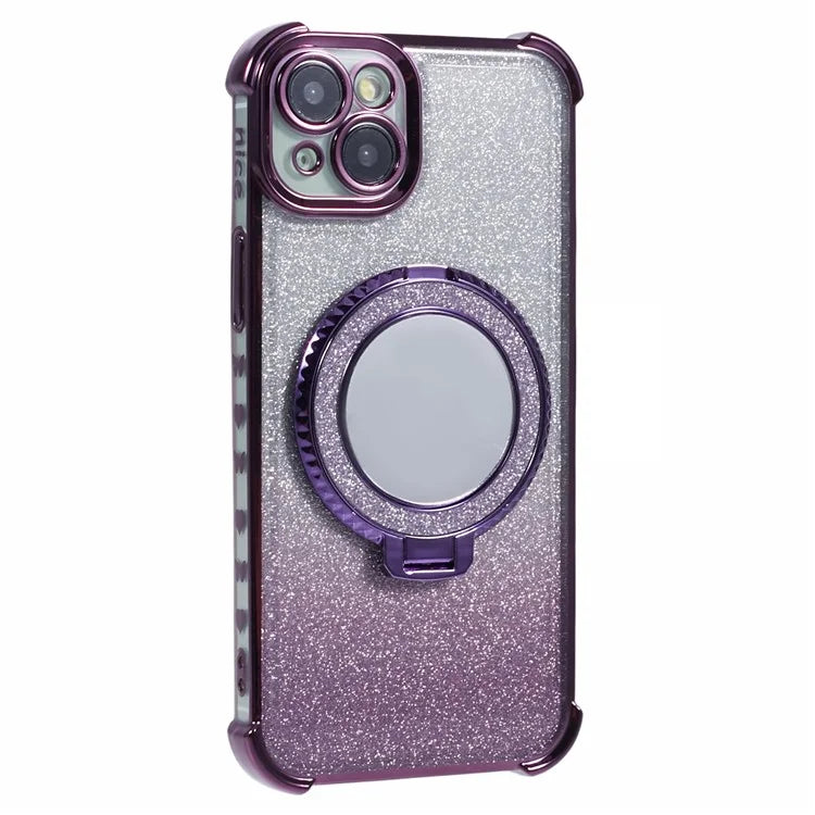 For iPhone 15 Plus Kickstand Case Glitter TPU Phone Cover with Mirror