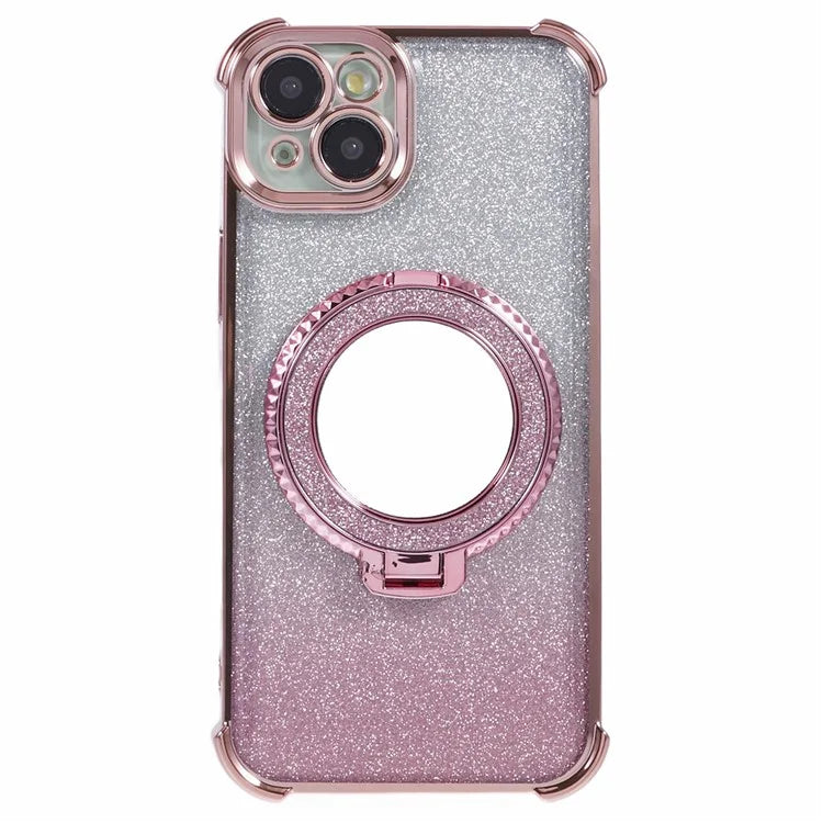 For iPhone 15 Plus Kickstand Case Glitter TPU Phone Cover with Mirror