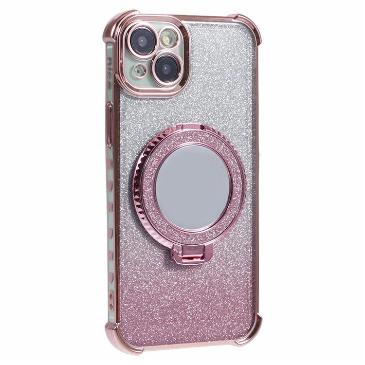 For iPhone 15 Plus Kickstand Case Glitter TPU Phone Cover with Mirror