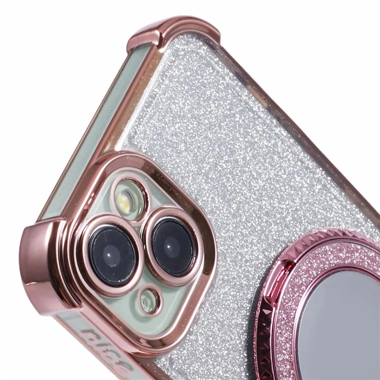 For iPhone 15 Plus Kickstand Case Glitter TPU Phone Cover with Mirror
