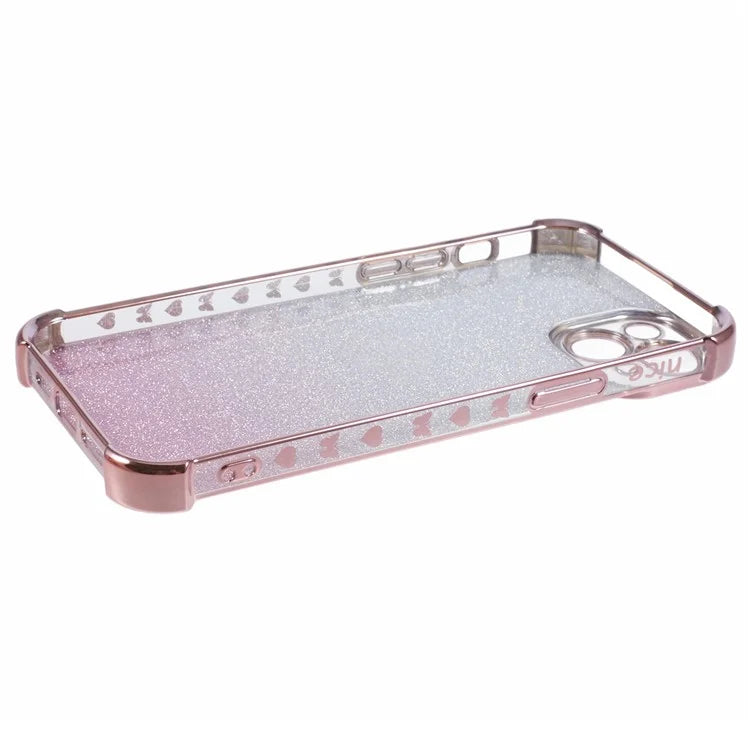 For iPhone 15 Plus Case Side Heart Pattern Electroplating Glitter Soft TPU Phone Cover