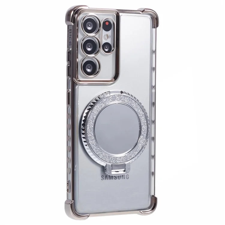For Samsung Galaxy S21 Ultra 5G Case Makeup Mirror TPU Clear Phone Cover with Kickstand