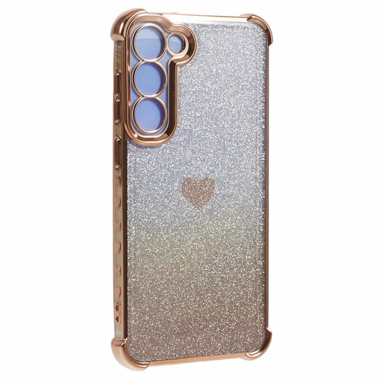 For Samsung Galaxy S23+ Case Glitter Gradient TPU Phone Cover Heart Pattern Reinforced Corners