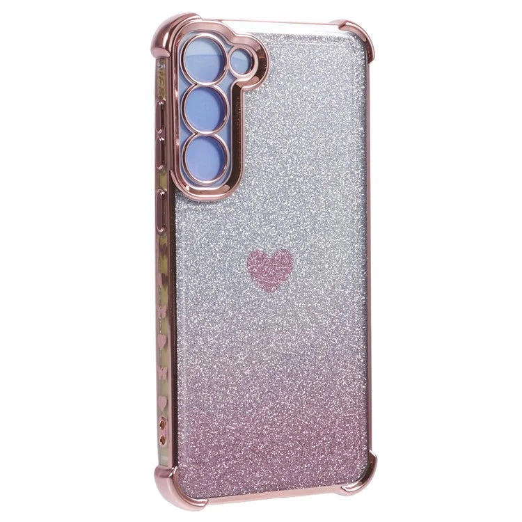 For Samsung Galaxy S23+ Case Glitter Gradient TPU Phone Cover Heart Pattern Reinforced Corners