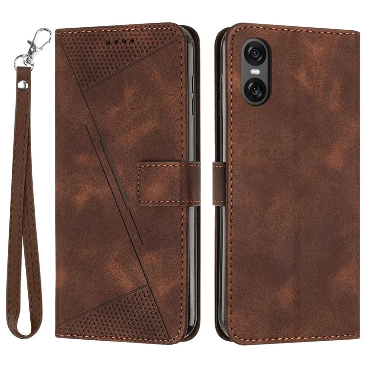 For Sony Xperia 10 VI Case with Hand Strap Triangle Imprinted Wallet Phone Leather Cover