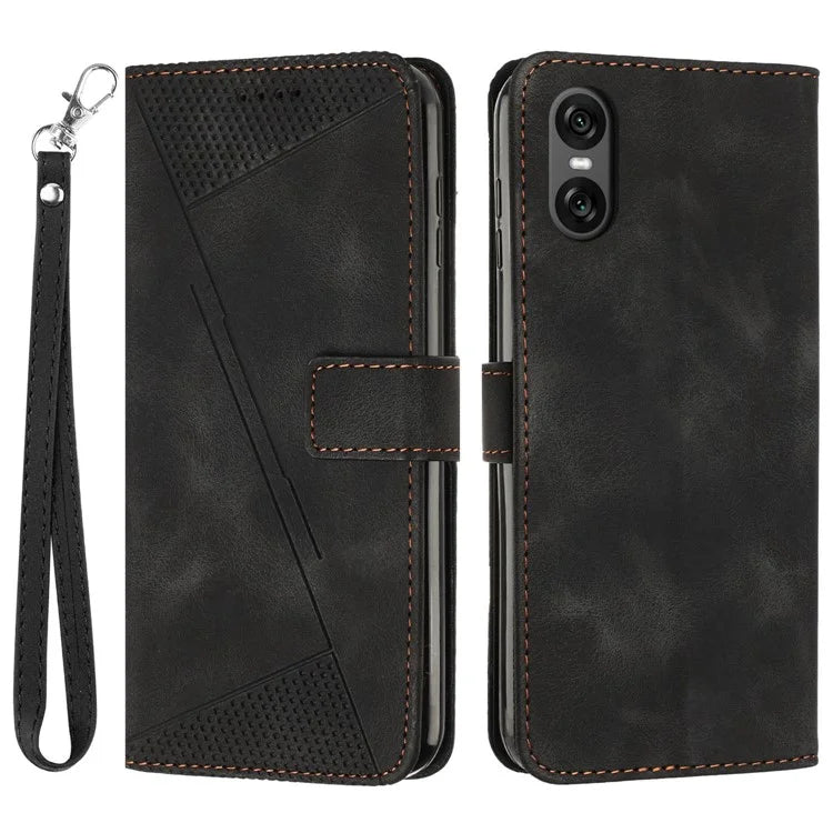 For Sony Xperia 10 VI Case with Hand Strap Triangle Imprinted Wallet Phone Leather Cover