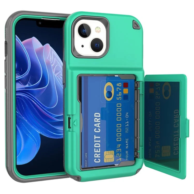 For iPhone 15 Card Case PC+TPU Phone Cover with  Makeup Mirror
