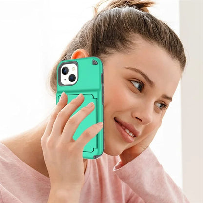 For iPhone 15 Pro Plus Case Card Holder Mirror PC+TPU Phone Cover
