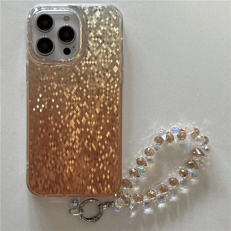 For iPhone 14 Pro Case Rhombic IMD PC+TPU Phone Cover with Beaded Strap