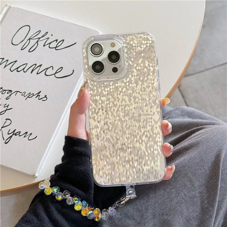 For iPhone 15 Pro Max Case IMD Rhombic Pattern PC+TPU Phone Cover with Beads Hand Strap