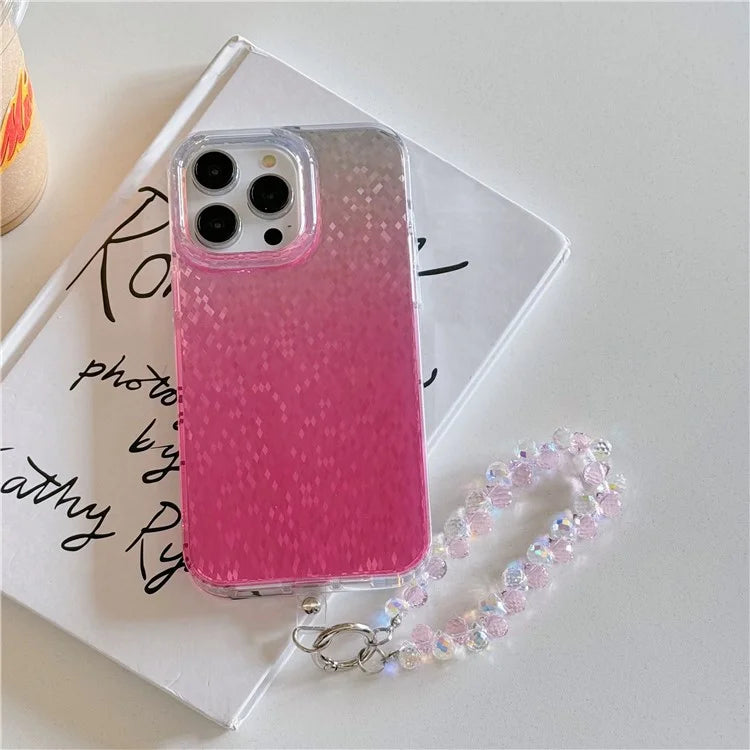 For iPhone 15 Pro Max Case IMD Rhombic Pattern PC+TPU Phone Cover with Beads Hand Strap