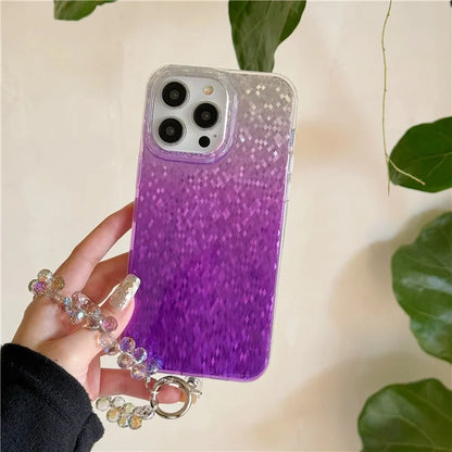For iPhone 15 Pro Max Case IMD Rhombic Pattern PC+TPU Phone Cover with Beads Hand Strap