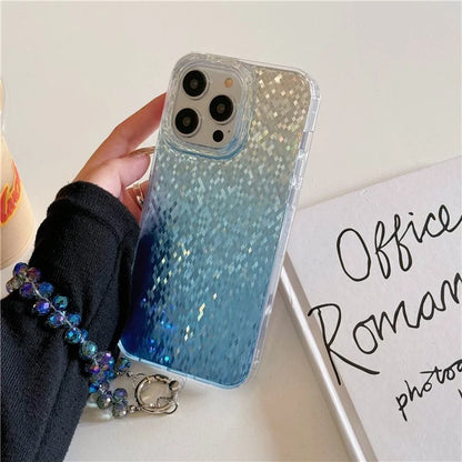 For iPhone 15 Pro Max Case IMD Rhombic Pattern PC+TPU Phone Cover with Beads Hand Strap