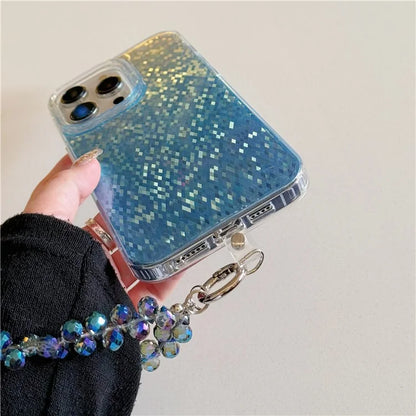 For iPhone 15 Pro Max Case IMD Rhombic Pattern PC+TPU Phone Cover with Beads Hand Strap