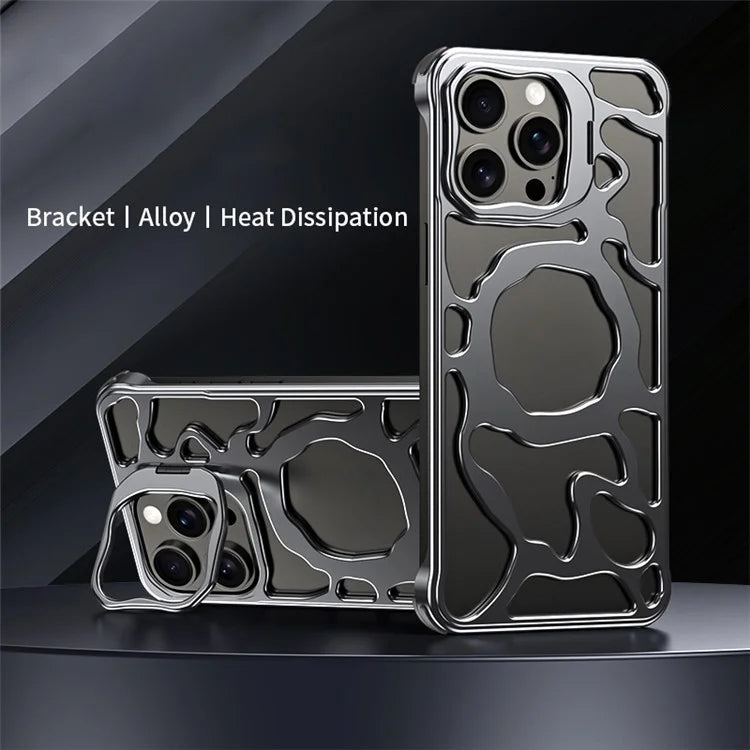 Auspicious Cloud Series For iPhone 15 Pro Max Magnetic Case Aluminum Alloy Hollow Kickstand Phone Cover
