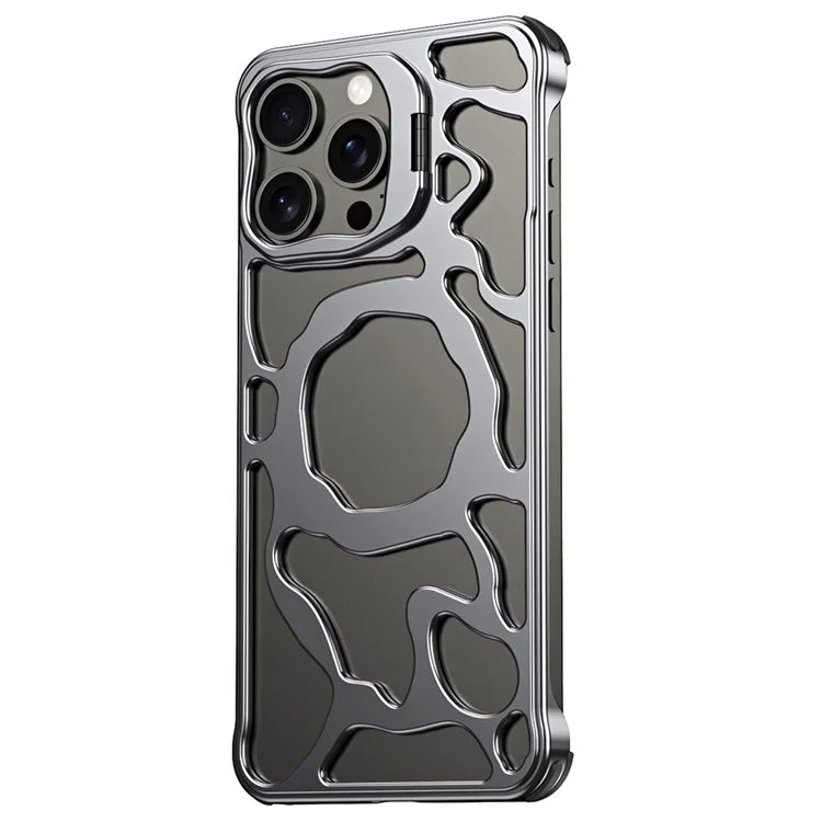 Auspicious Cloud Series For iPhone 15 Magnetic Case Aluminum Alloy Kickstand Phone Cover Hollow-Out