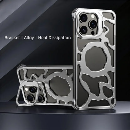 Auspicious Cloud Series For iPhone 15 Magnetic Case Aluminum Alloy Kickstand Phone Cover Hollow-Out