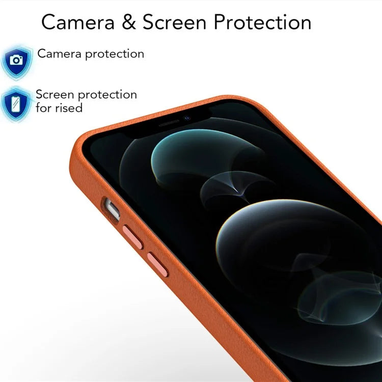 For iPhone 12 Pro Max Case Metal Lens Frame / Button PU Leather+PC Hard Phone Cover