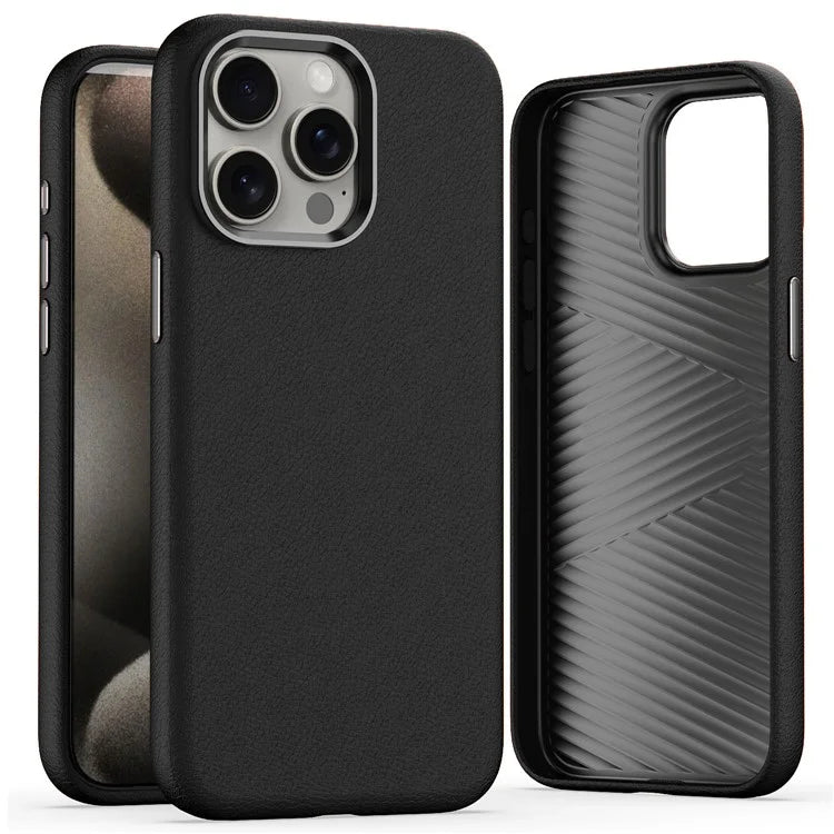 For iPhone 15 Pro Case Leather Coated PC Phone Cover with Metal Lens Frame