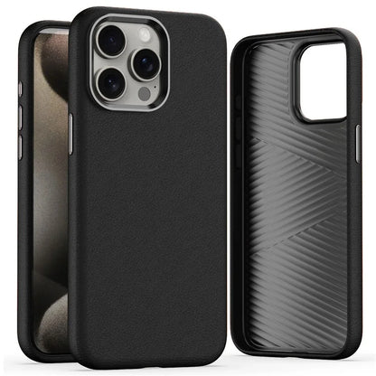 For iPhone 15 Pro Case Leather Coated PC Phone Cover with Metal Lens Frame