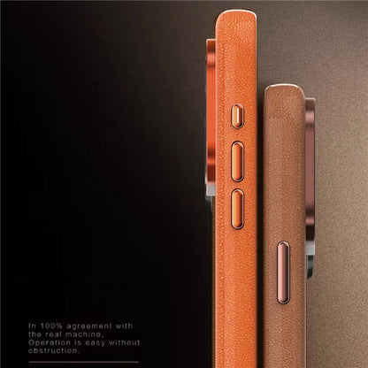For iPhone 15 Pro Case Leather Coated PC Phone Cover with Metal Lens Frame