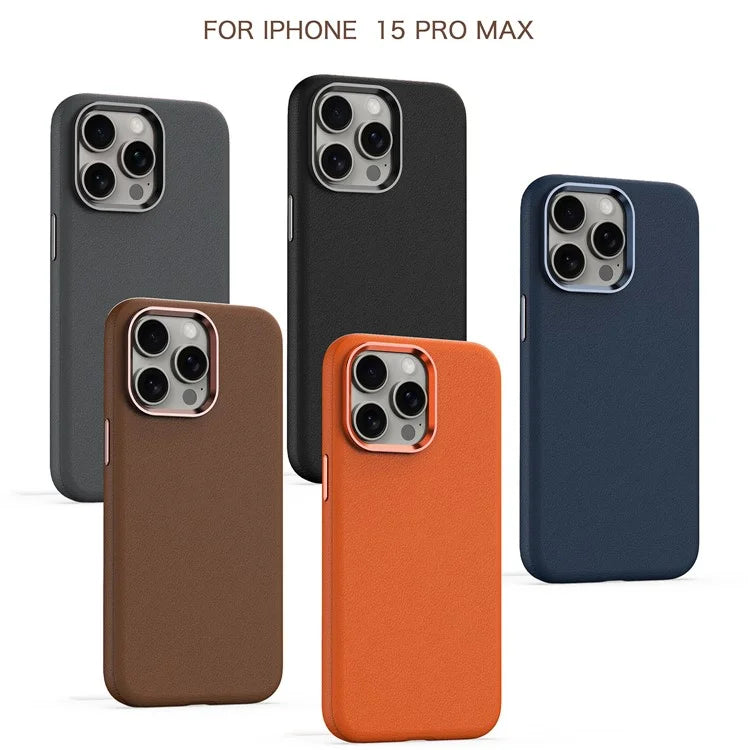 For iPhone 15 Pro Case Leather Coated PC Phone Cover with Metal Lens Frame