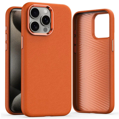 For iPhone 15 Pro Case Leather Coated PC Phone Cover with Metal Lens Frame