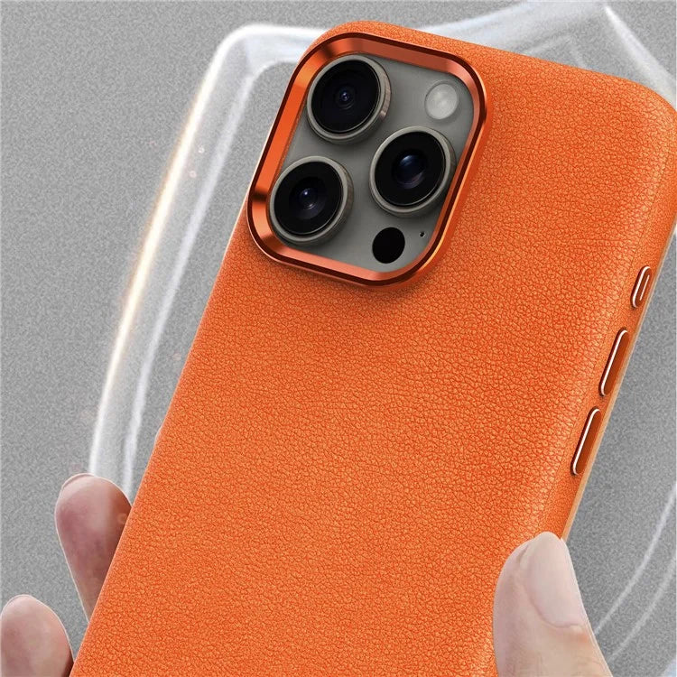 For iPhone 15 Pro Case Leather Coated PC Phone Cover with Metal Lens Frame