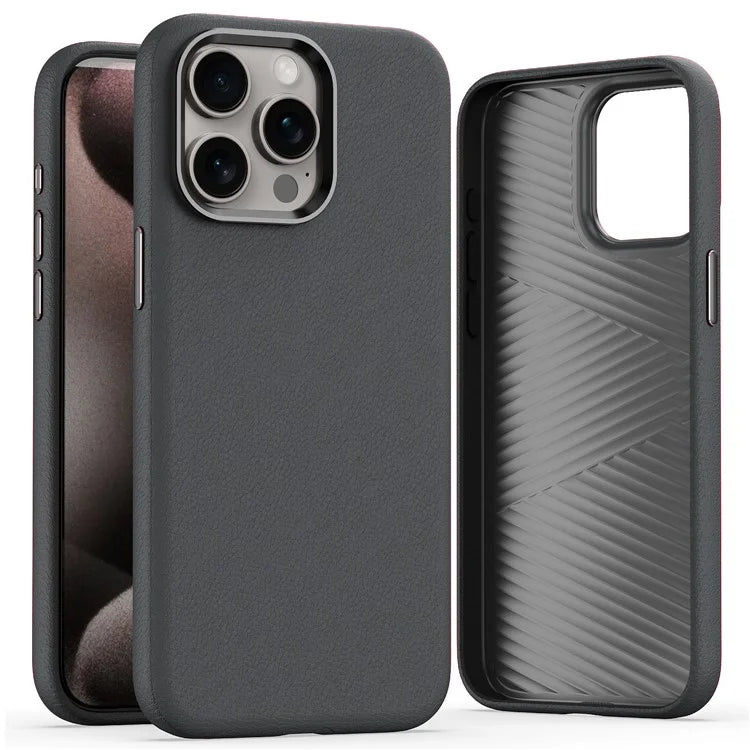 For iPhone 15 Pro Case Leather Coated PC Phone Cover with Metal Lens Frame