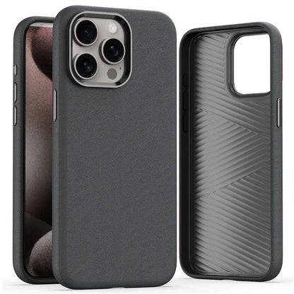 For iPhone 15 Pro Case Leather Coated PC Phone Cover with Metal Lens Frame