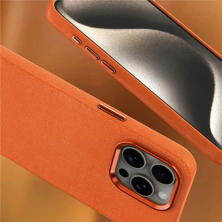 For iPhone 15 Pro Case Leather Coated PC Phone Cover with Metal Lens Frame